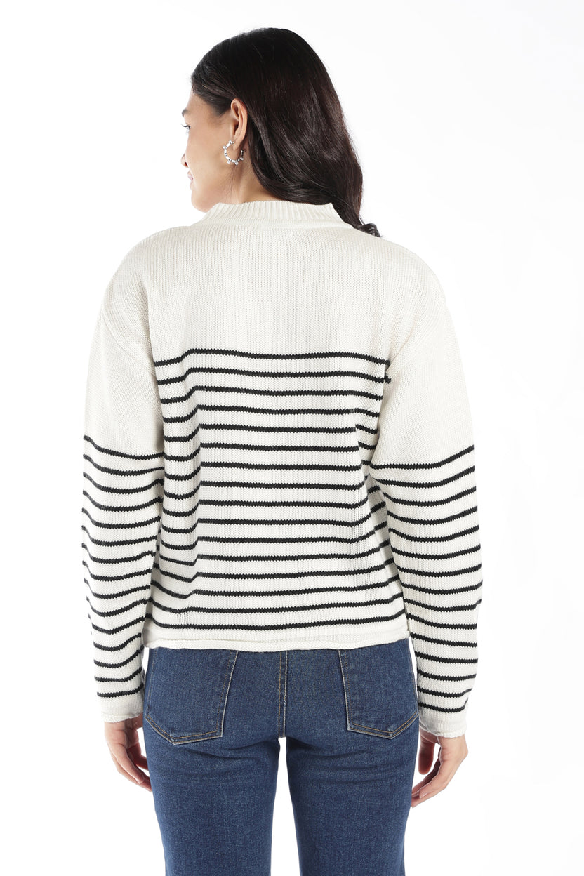 Womens Regular Fit White Striped Sweater - Image 5