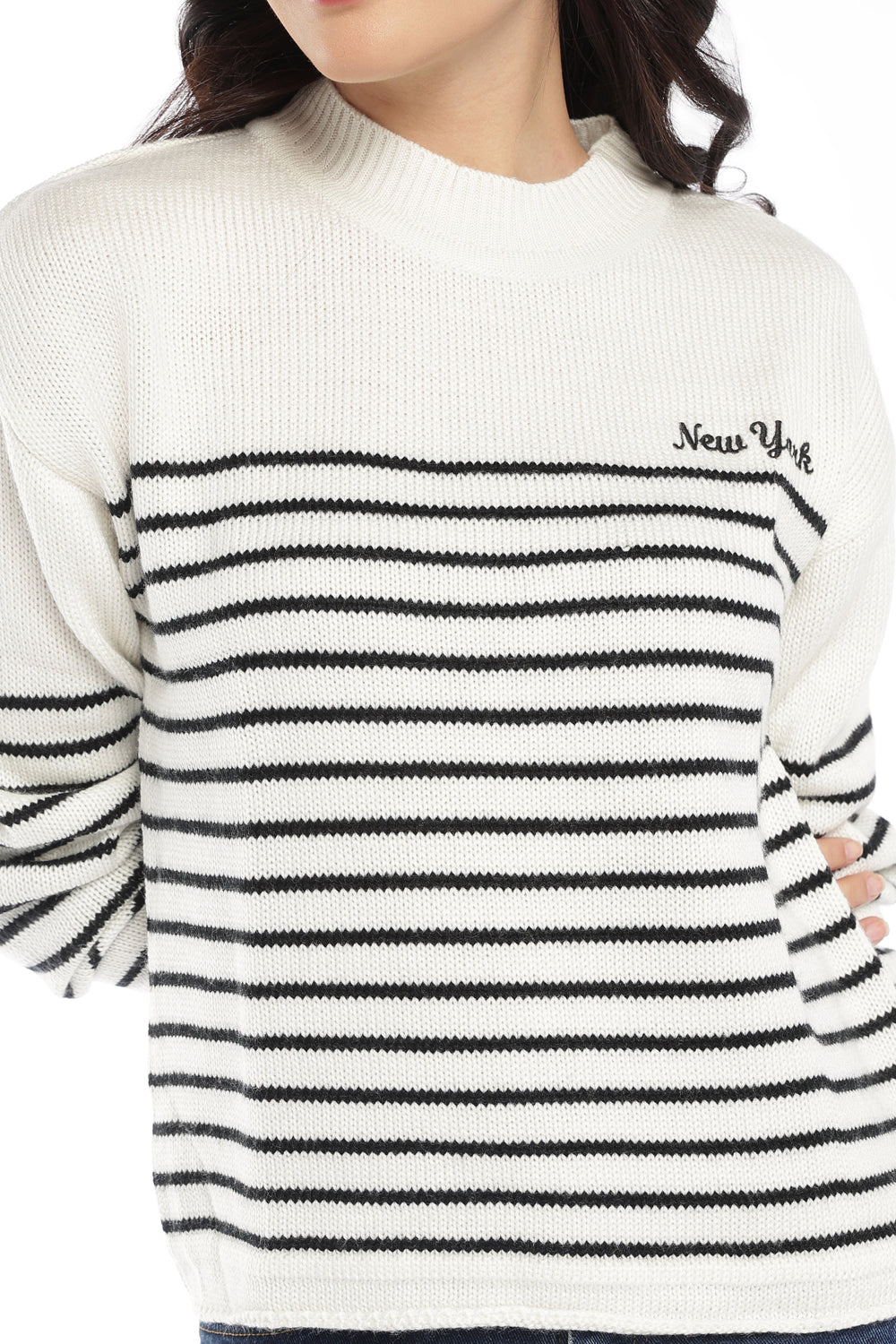 Womens Regular Fit White Striped Sweater - Image 7
