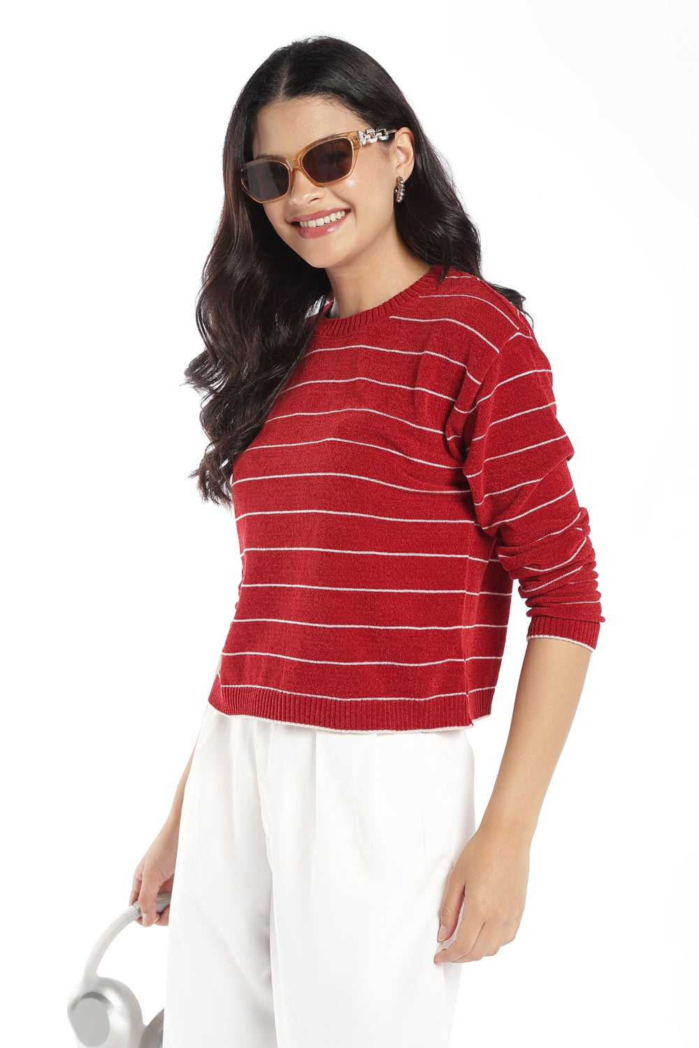 Womens Regular Fit Red Striped Sweater - Image 1