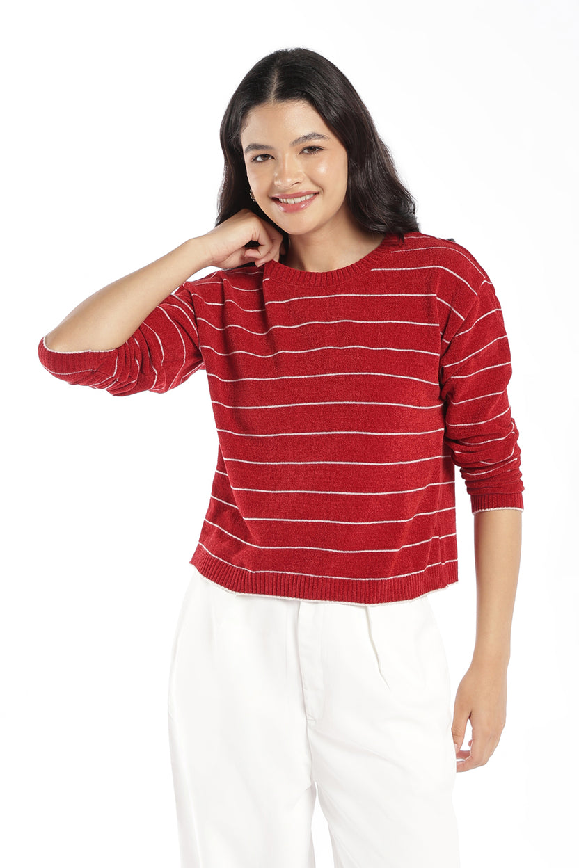 Womens Regular Fit Red Striped Sweater - Image 2