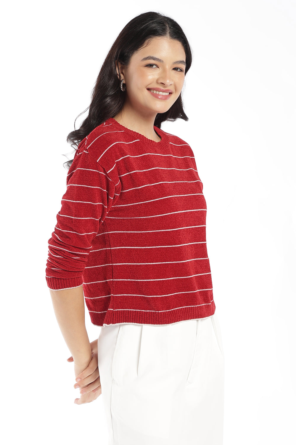 Womens Regular Fit Red Striped Sweater - Image 4