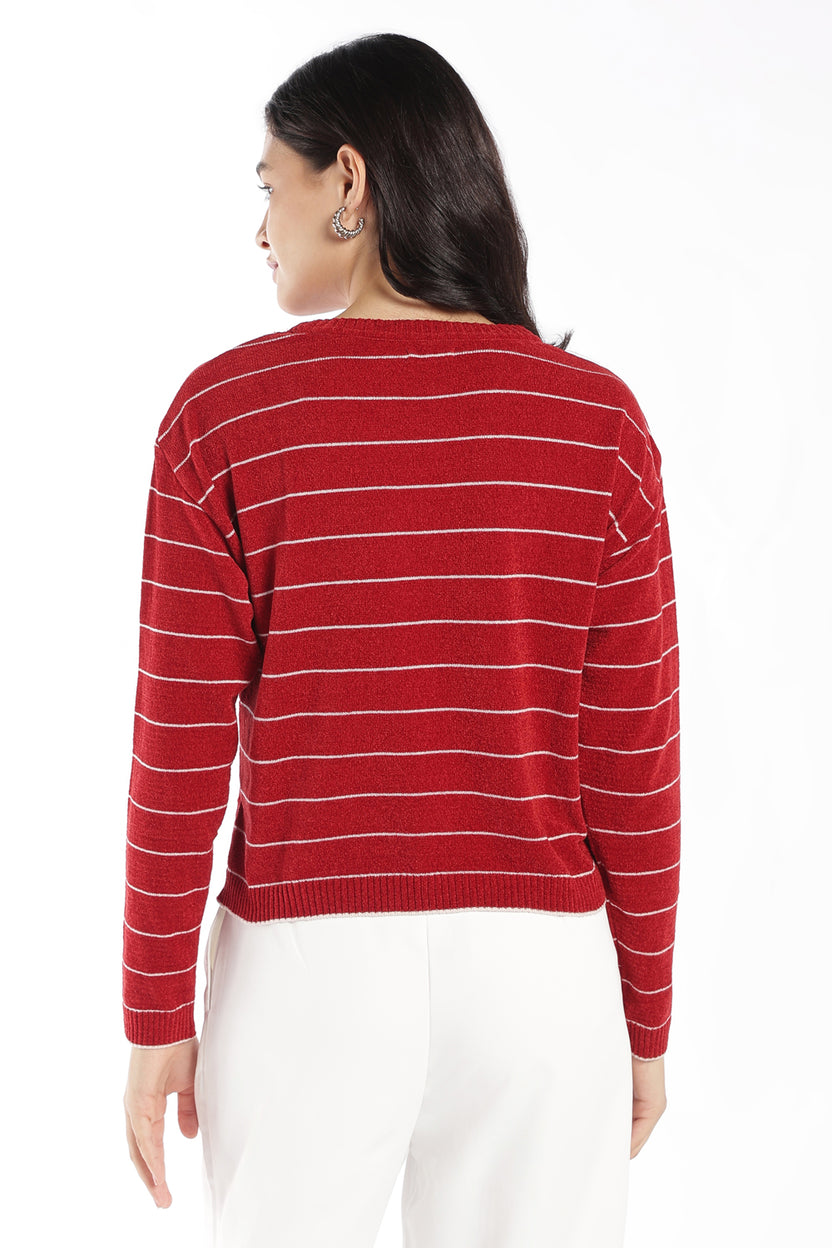 Womens Regular Fit Red Striped Sweater - Image 5