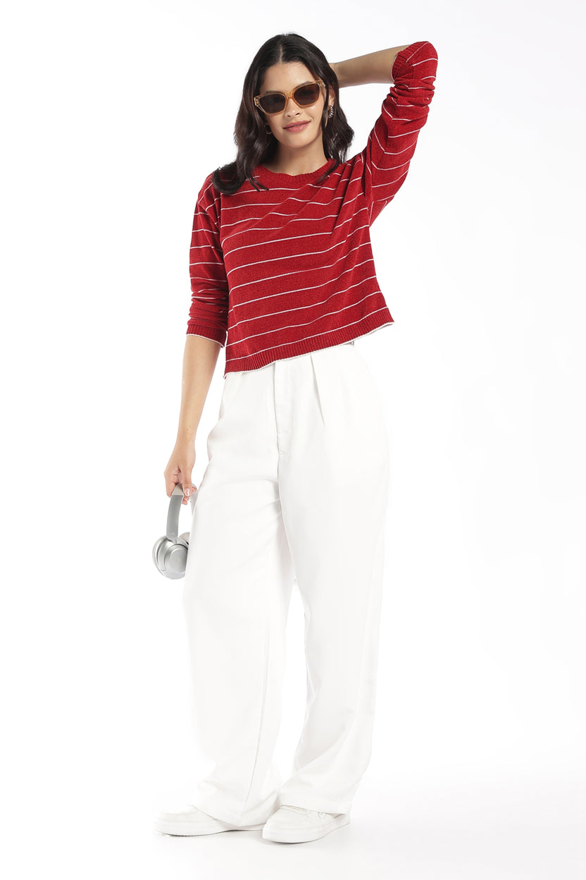 Womens Regular Fit Red Striped Sweater - Image 6