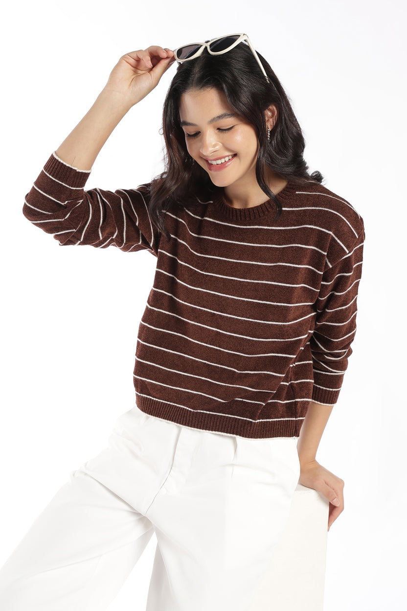 Womens Regular Fit Brown Striped Sweater - Image 1