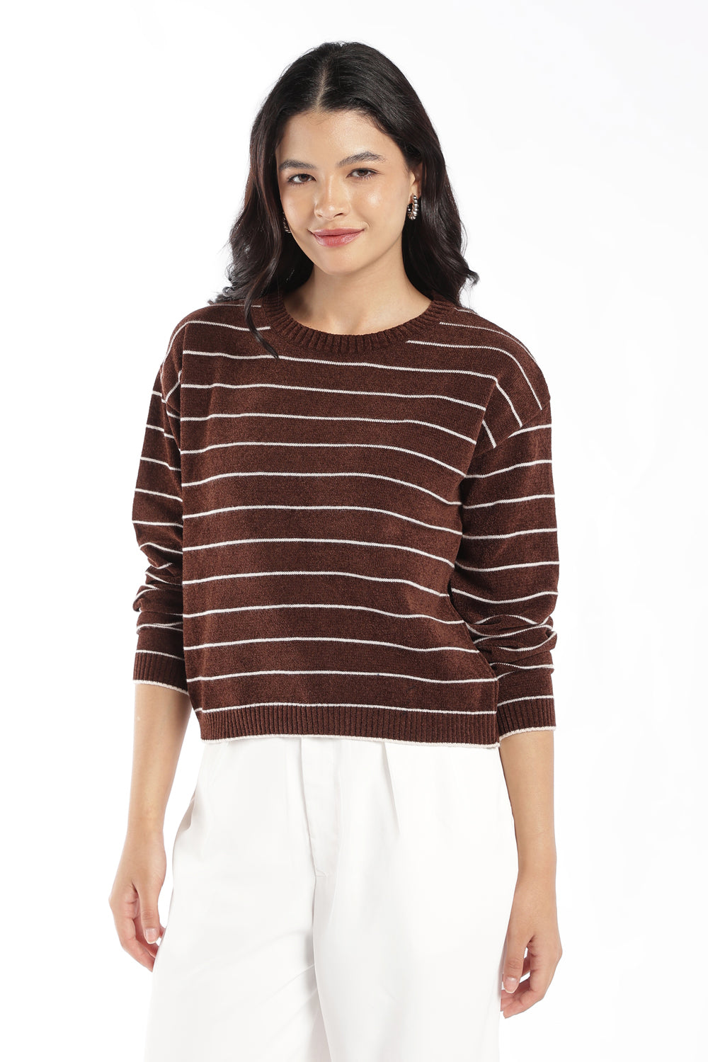 Womens Regular Fit Brown Striped Sweater - Image 2