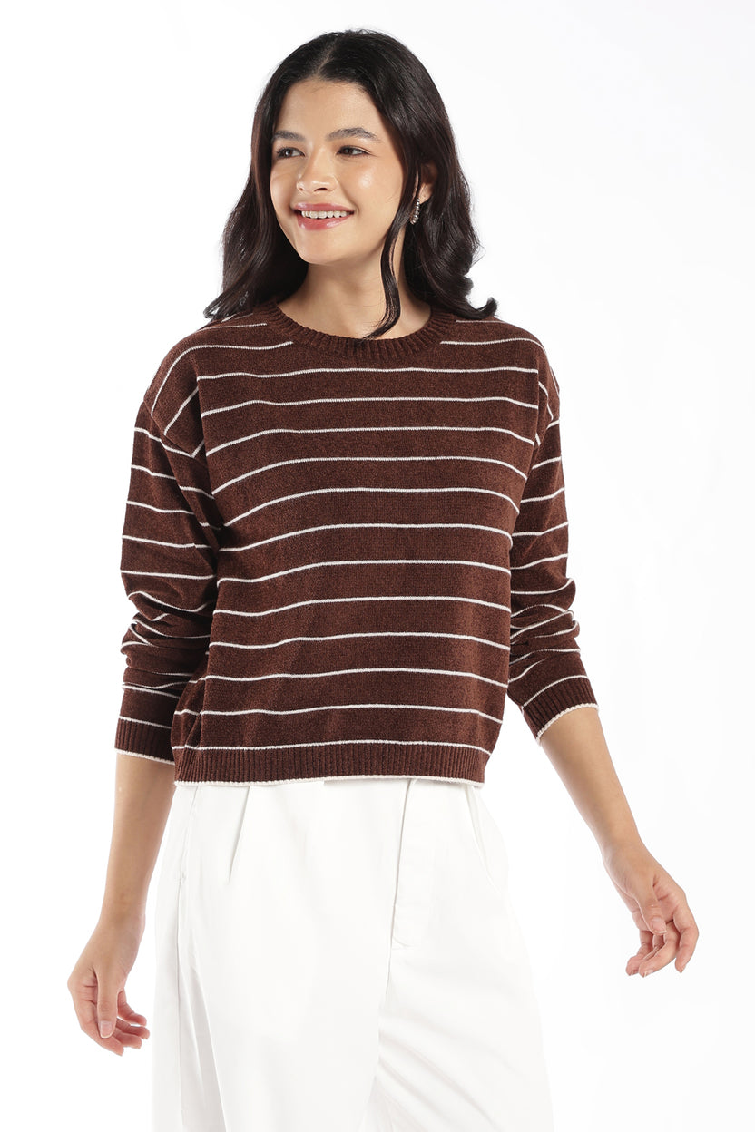 Womens Regular Fit Brown Striped Sweater - Image 4