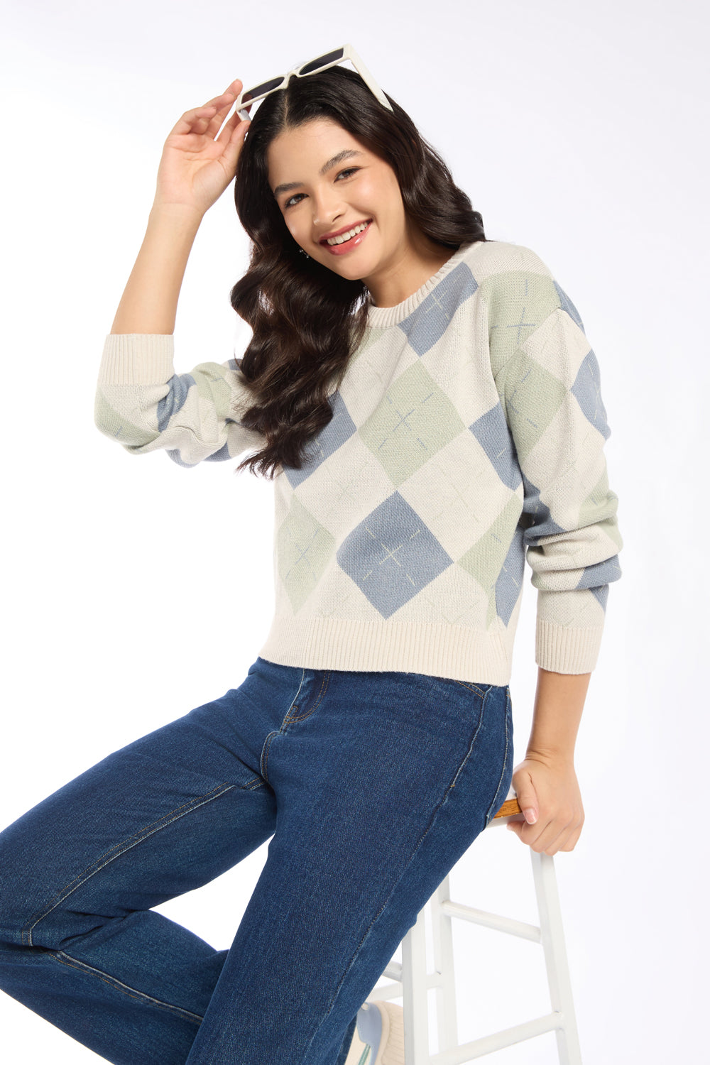 Womens Mint Argyle Pattern Knit Sweater - Image 1