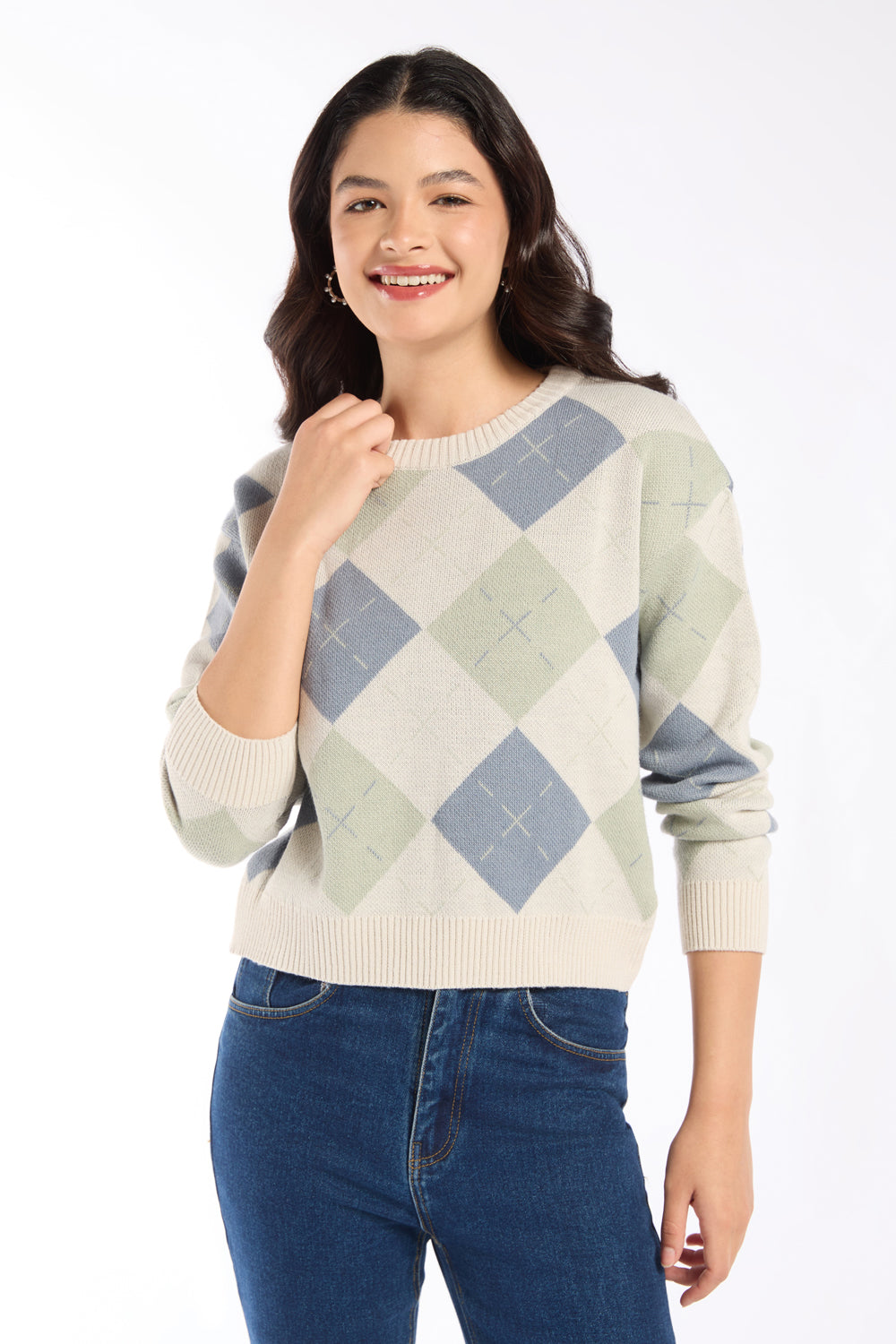 Womens Mint Argyle Pattern Knit Sweater - Image 2