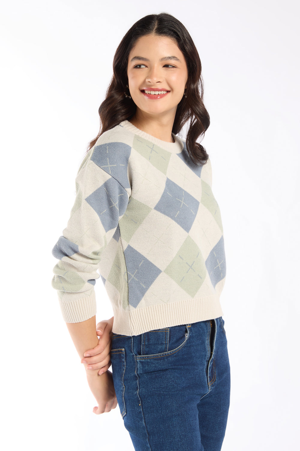 Womens Mint Argyle Pattern Knit Sweater - Image 4
