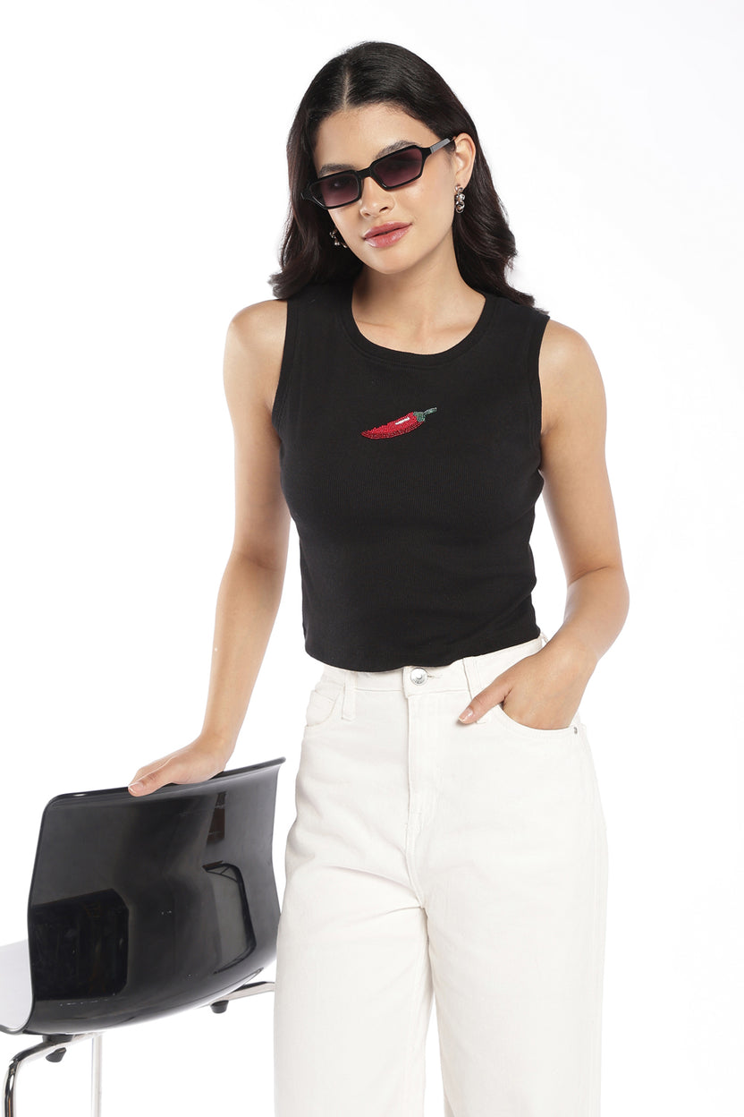 Womens Black Embellished Ribbed Tank Top - Image 1