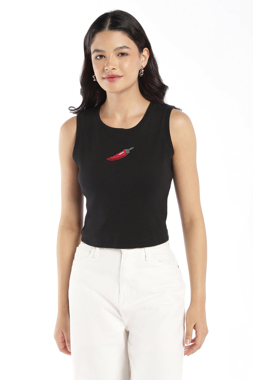 Womens Black Embellished Ribbed Tank Top - Image 2