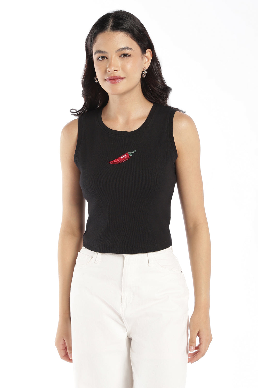 Womens Black Embellished Ribbed Tank Top - Image 2