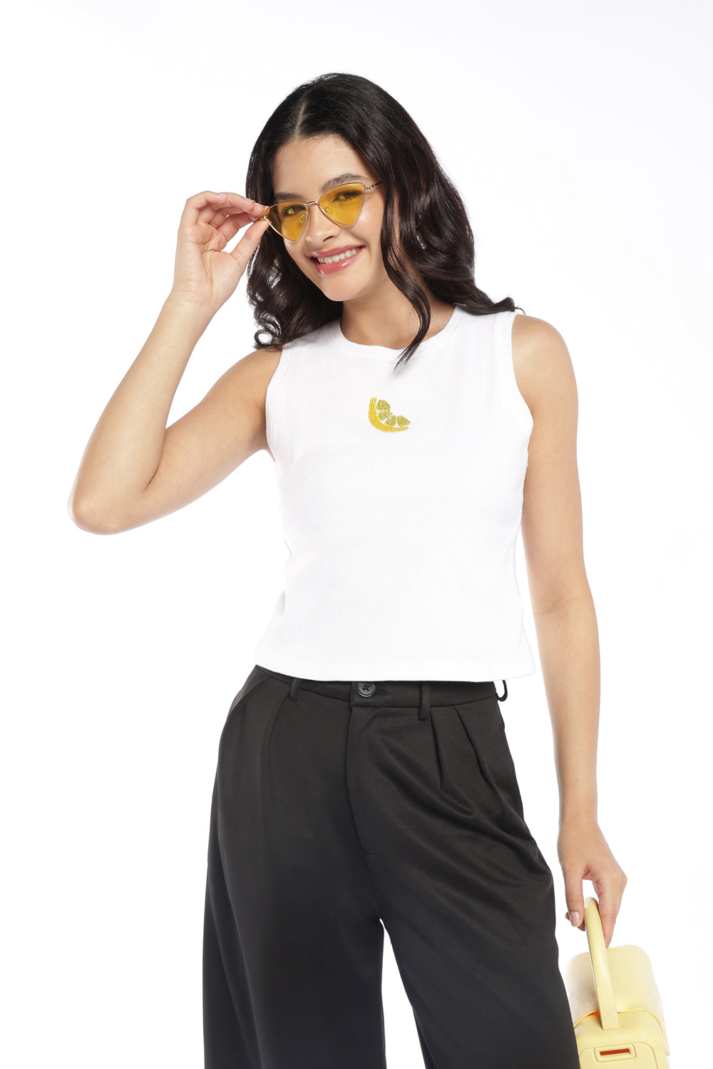 Womens White Embellished Ribbed Tank Top - Image 1