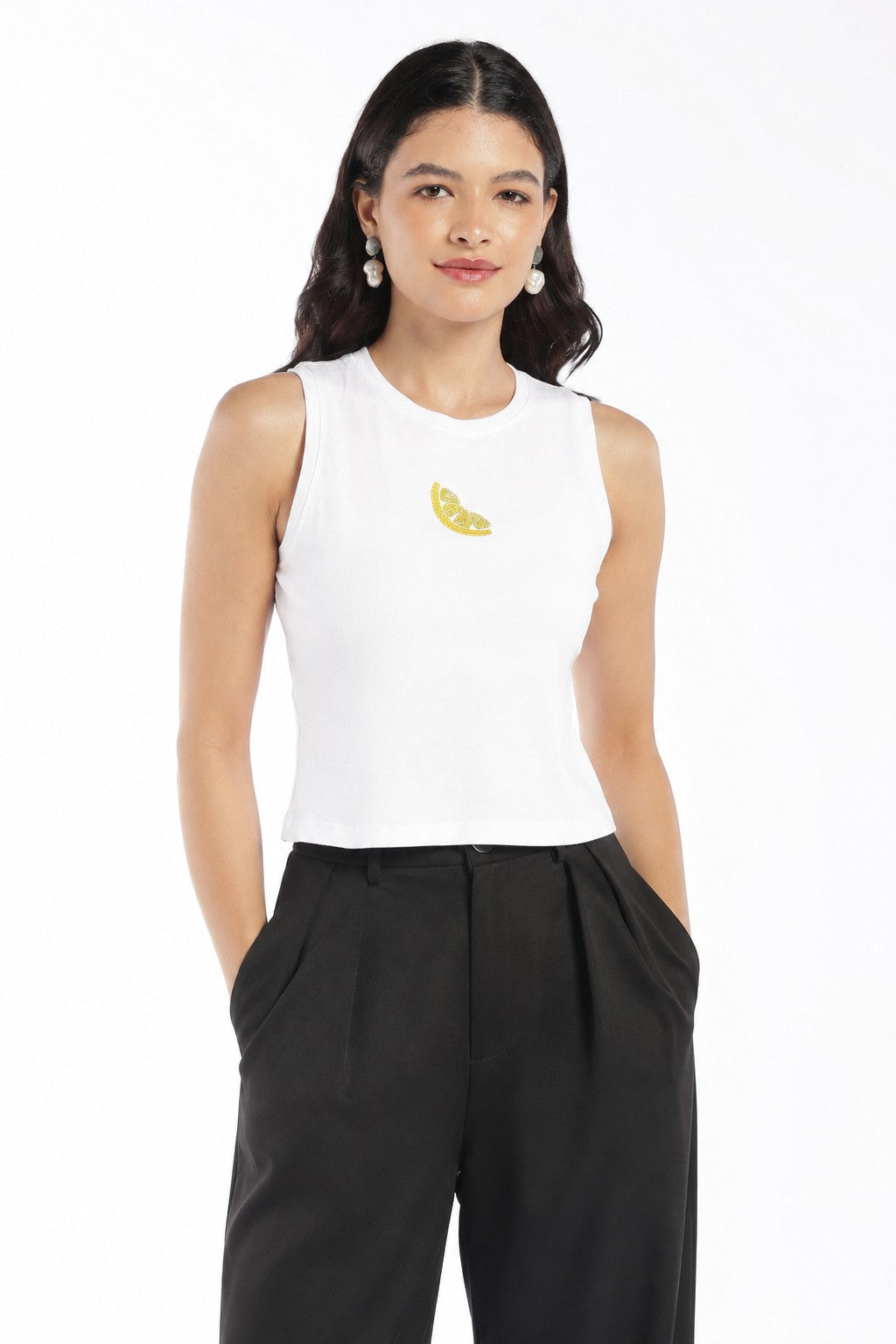 Womens White Embellished Ribbed Tank Top - Image 2