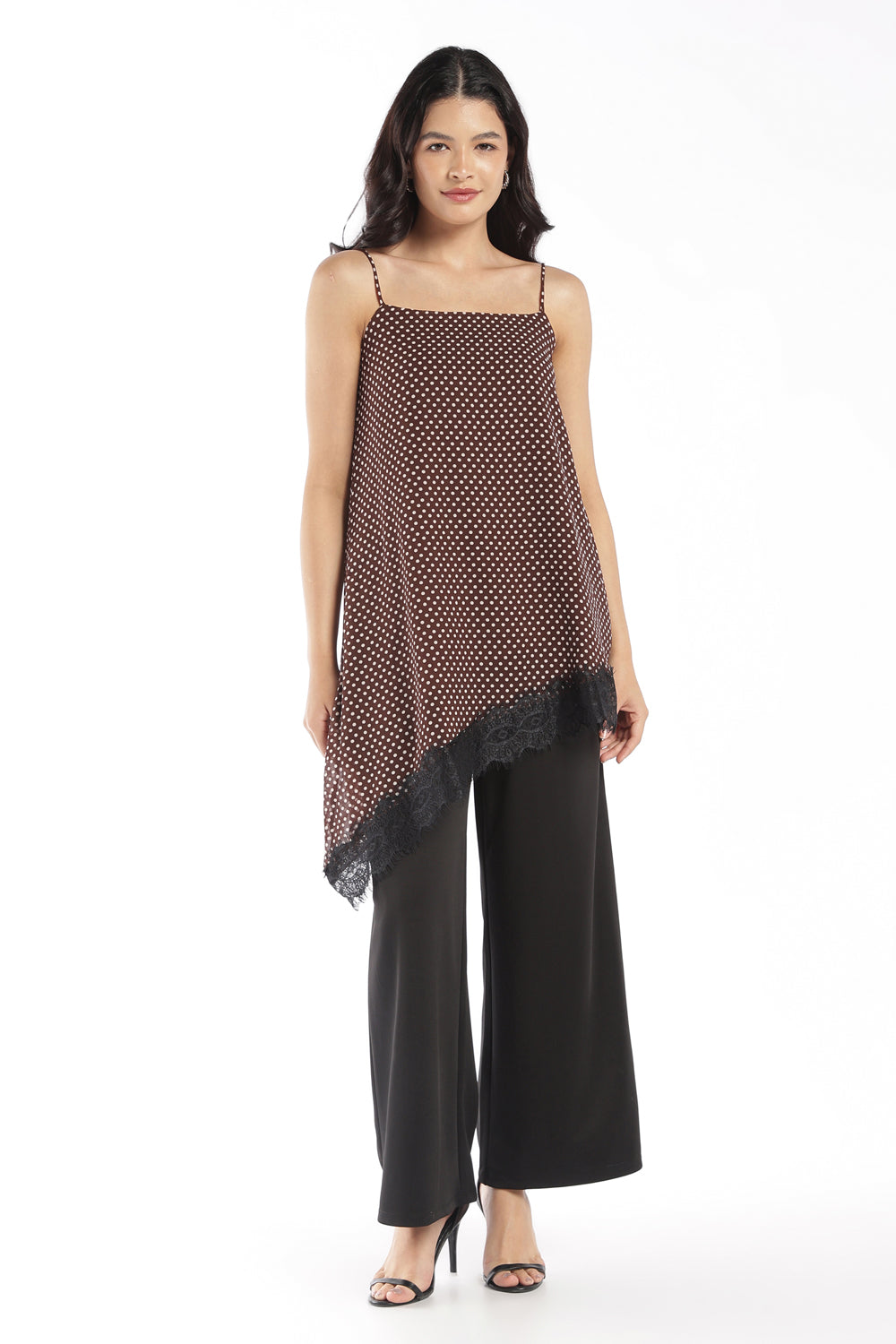 Womens Brown Lace Asymmetric Polka Dot Top - Image 2