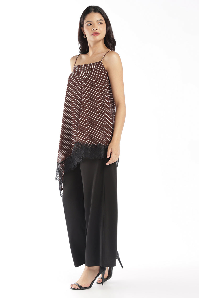 Womens Brown Lace Asymmetric Polka Dot Top - Image 4