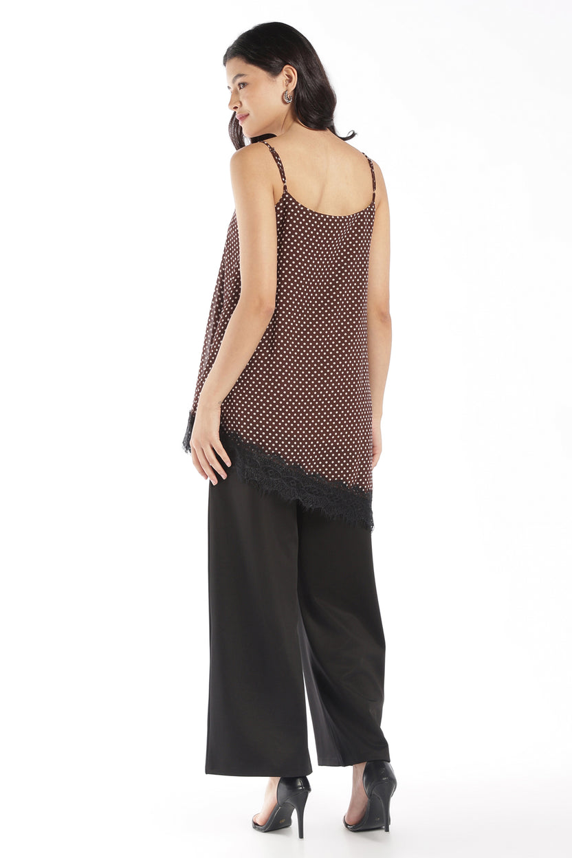 Womens Brown Lace Asymmetric Polka Dot Top - Image 5