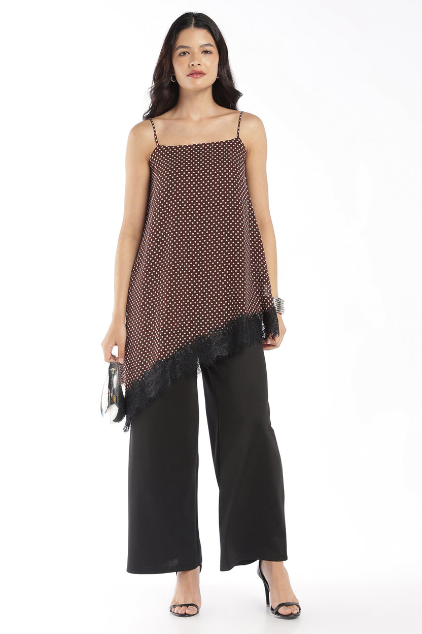 Womens Brown Lace Asymmetric Polka Dot Top - Image 6