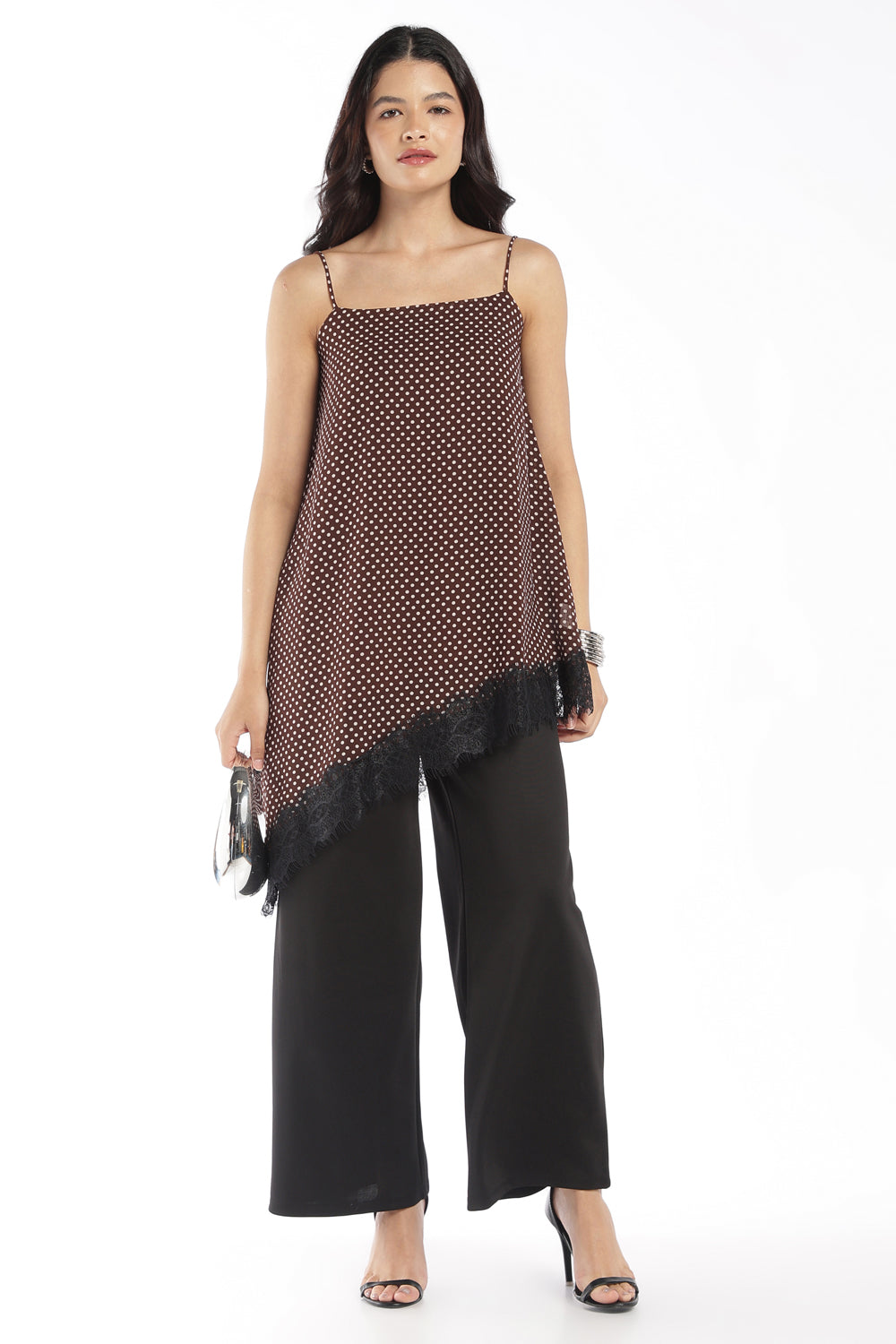 Womens Brown Lace Asymmetric Polka Dot Top - Image 6