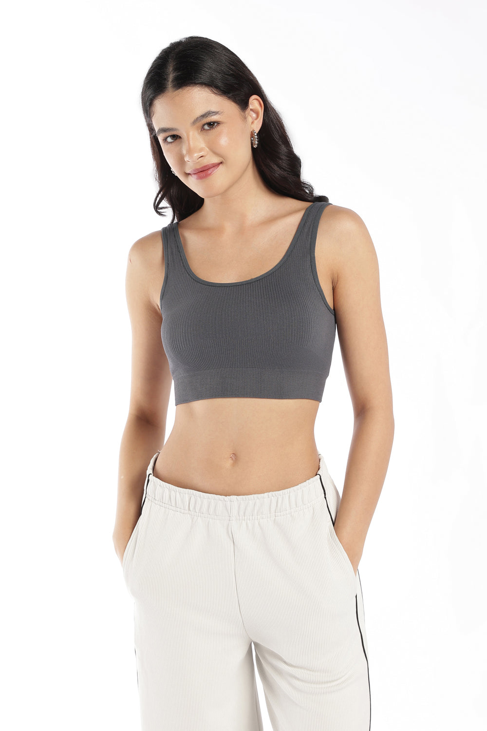Womens Regular Fit Charcoal Ribbed Sports Bra - Image 2