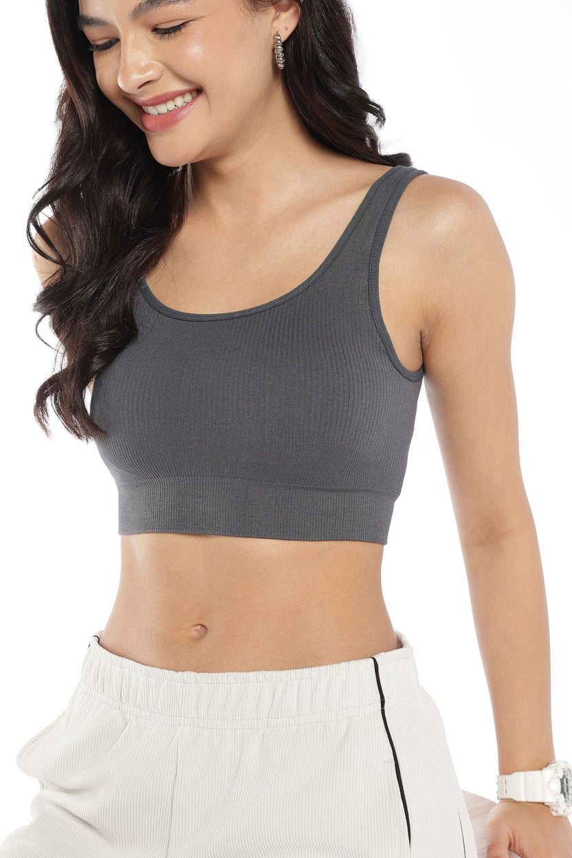 Womens Regular Fit Charcoal Ribbed Sports Bra - Image 3