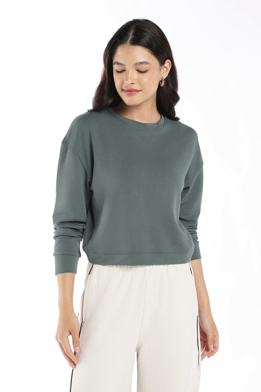 Womens Regular Fit Green Crop Sweatshirt - Image 4