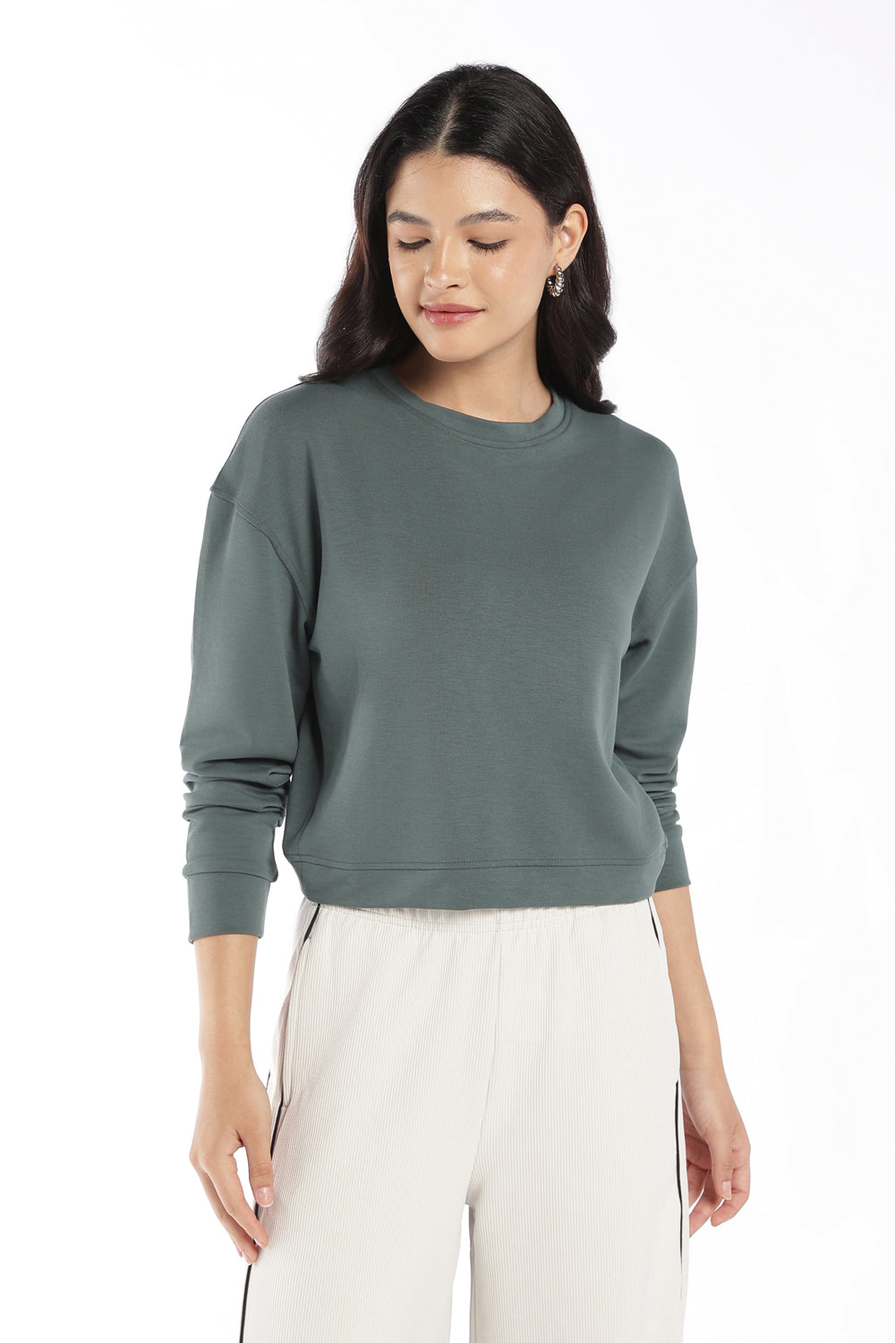 Womens Regular Fit Green Crop Sweatshirt - Image 4