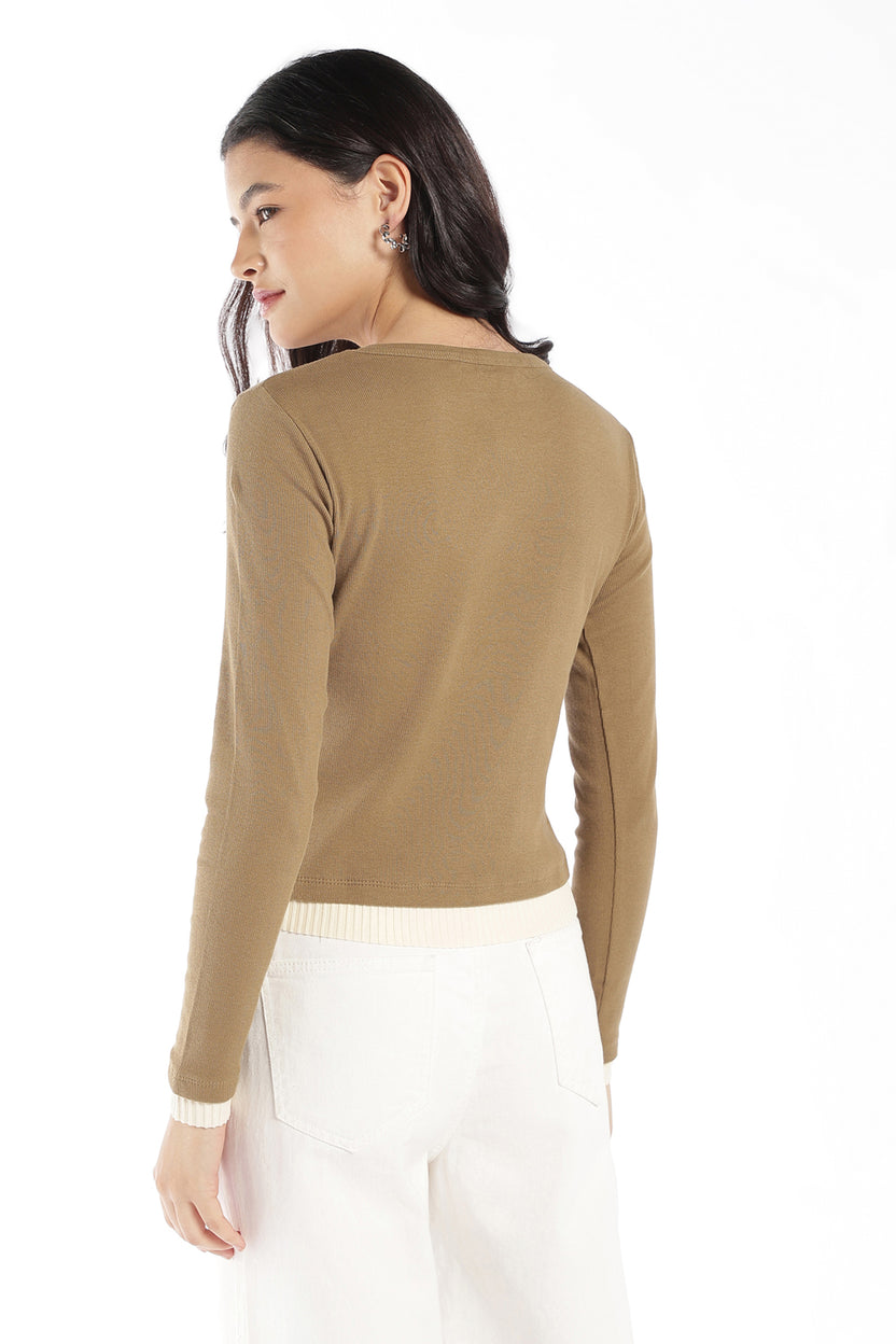 Womens Regular Fit Olive Textured Rib Top - Image 5
