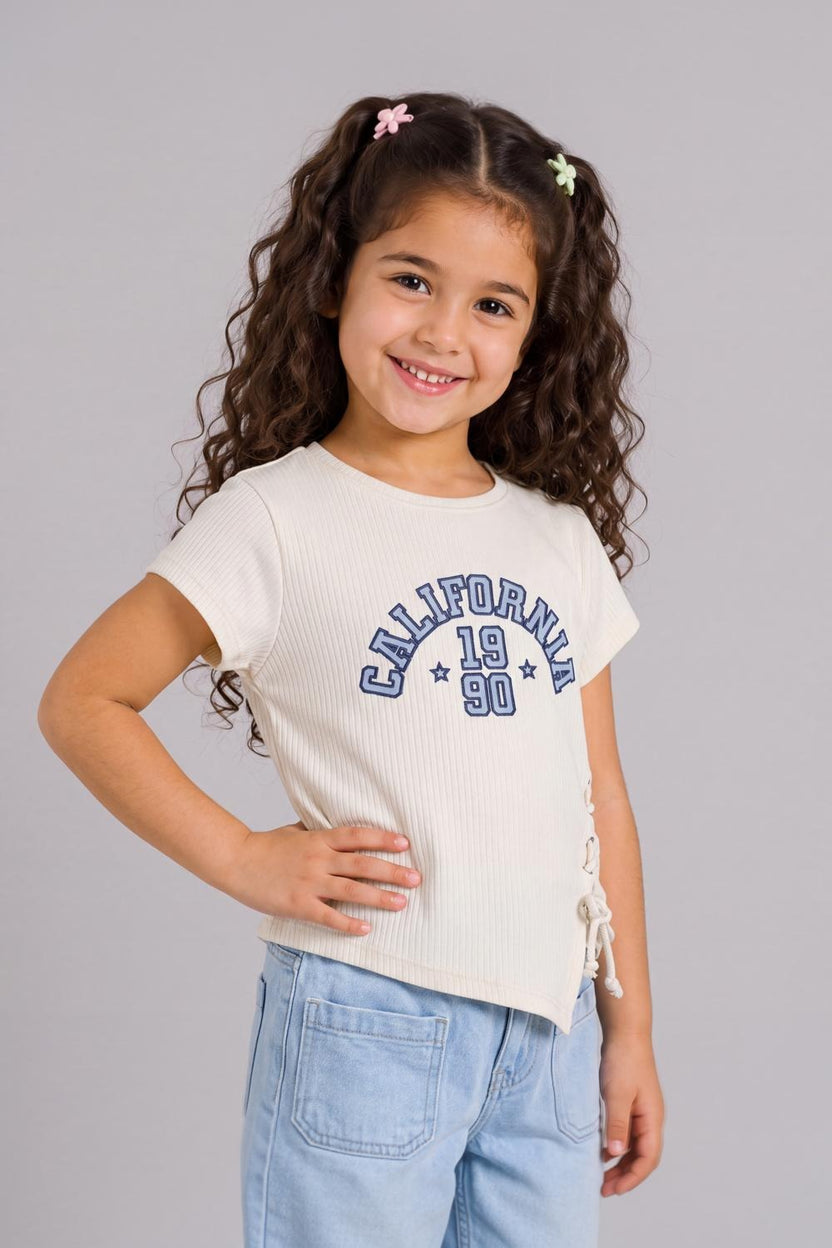Tweens Girls Regular Fit Off White Typographic Top - Image 1