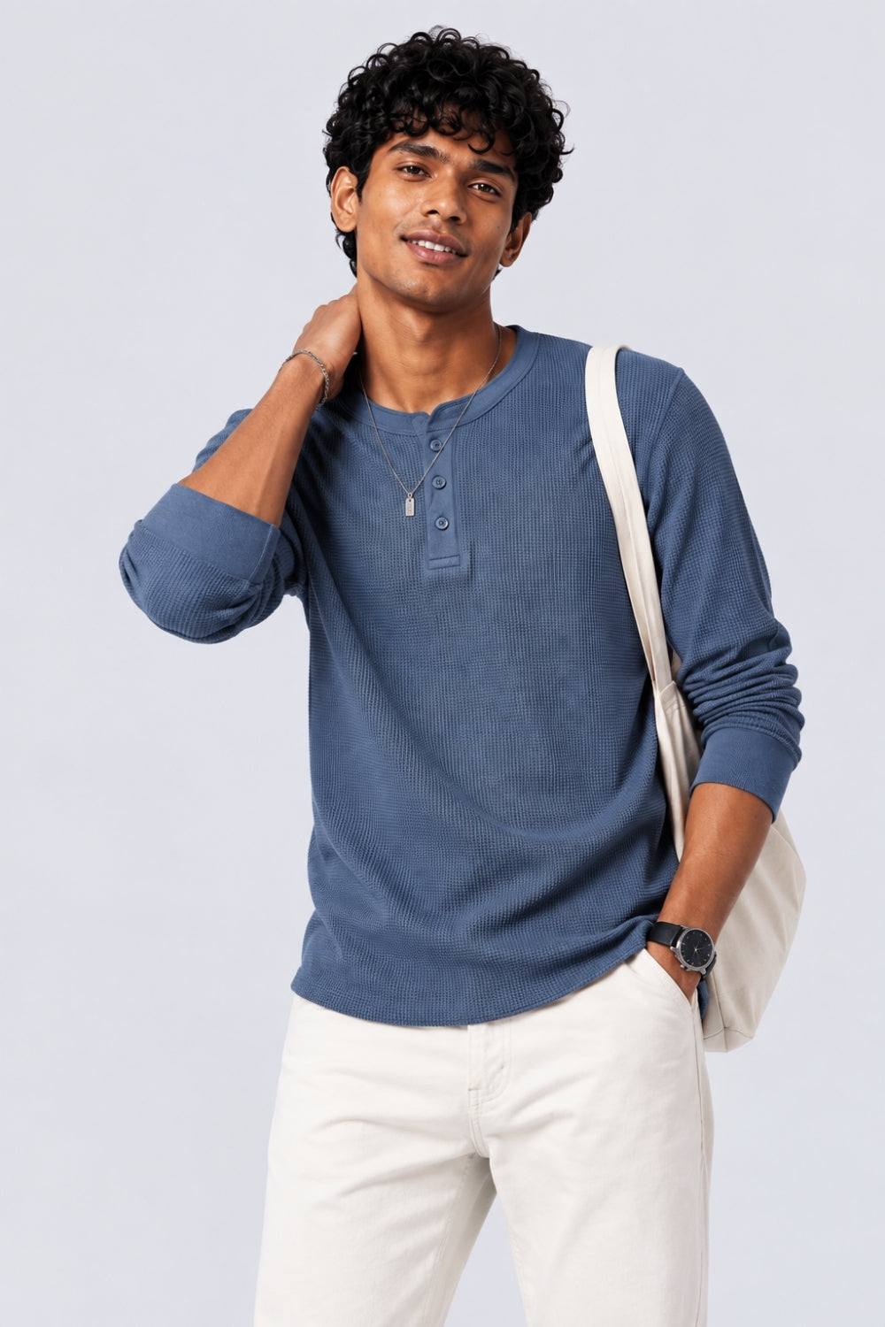 Mens Regular Fit Blue Textured Sweatshirt - Image 1