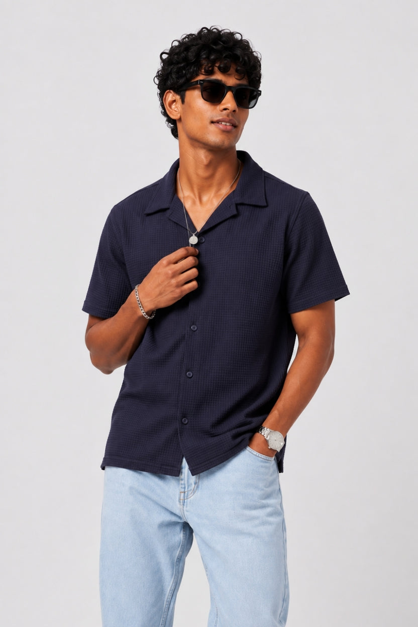 Mens Regular Fit Navy Cotton Blend Shirt - Image 1
