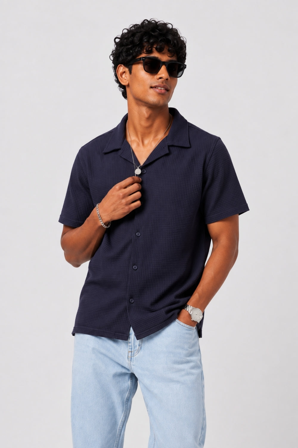 Mens Regular Fit Navy Cotton Blend Shirt - Image 1
