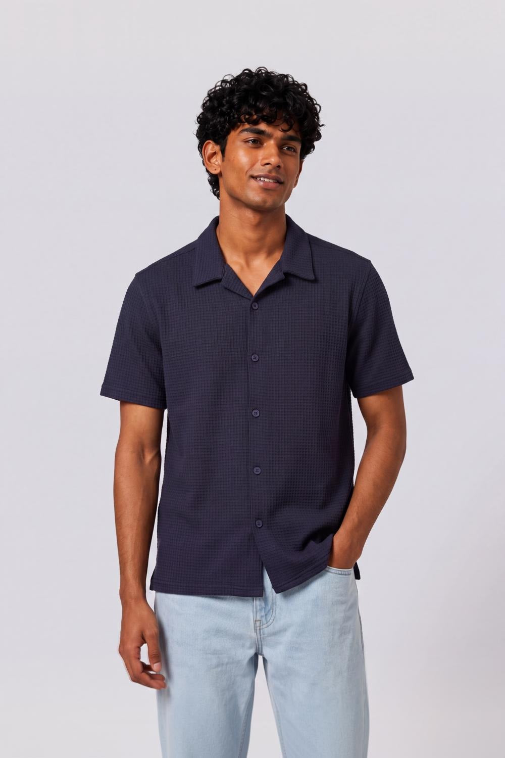 Mens Regular Fit Navy Cotton Blend Shirt - Image 2