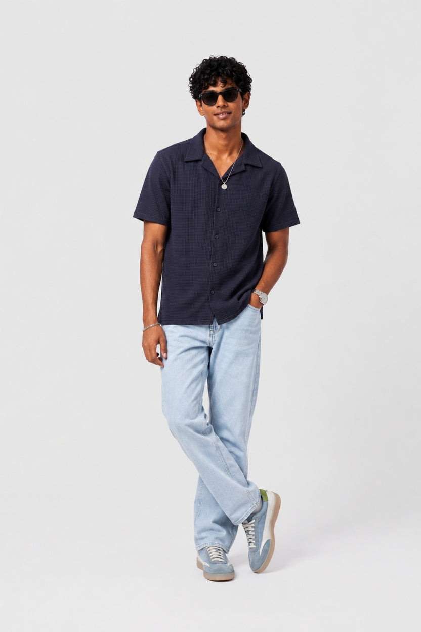 Mens Regular Fit Navy Cotton Blend Shirt - Image 6
