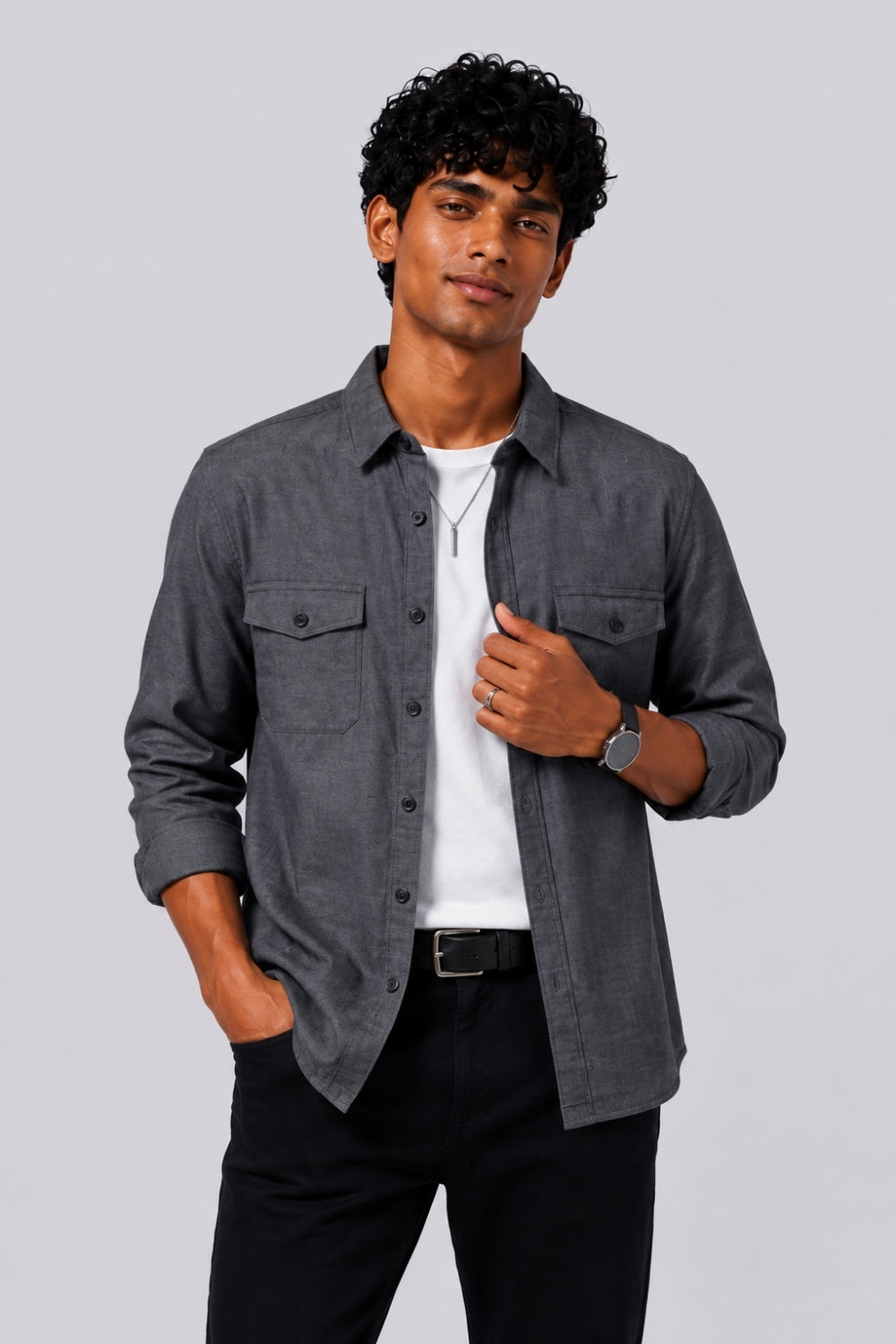 Mens Regular Fit Grey Cotton Shirt - Image 1