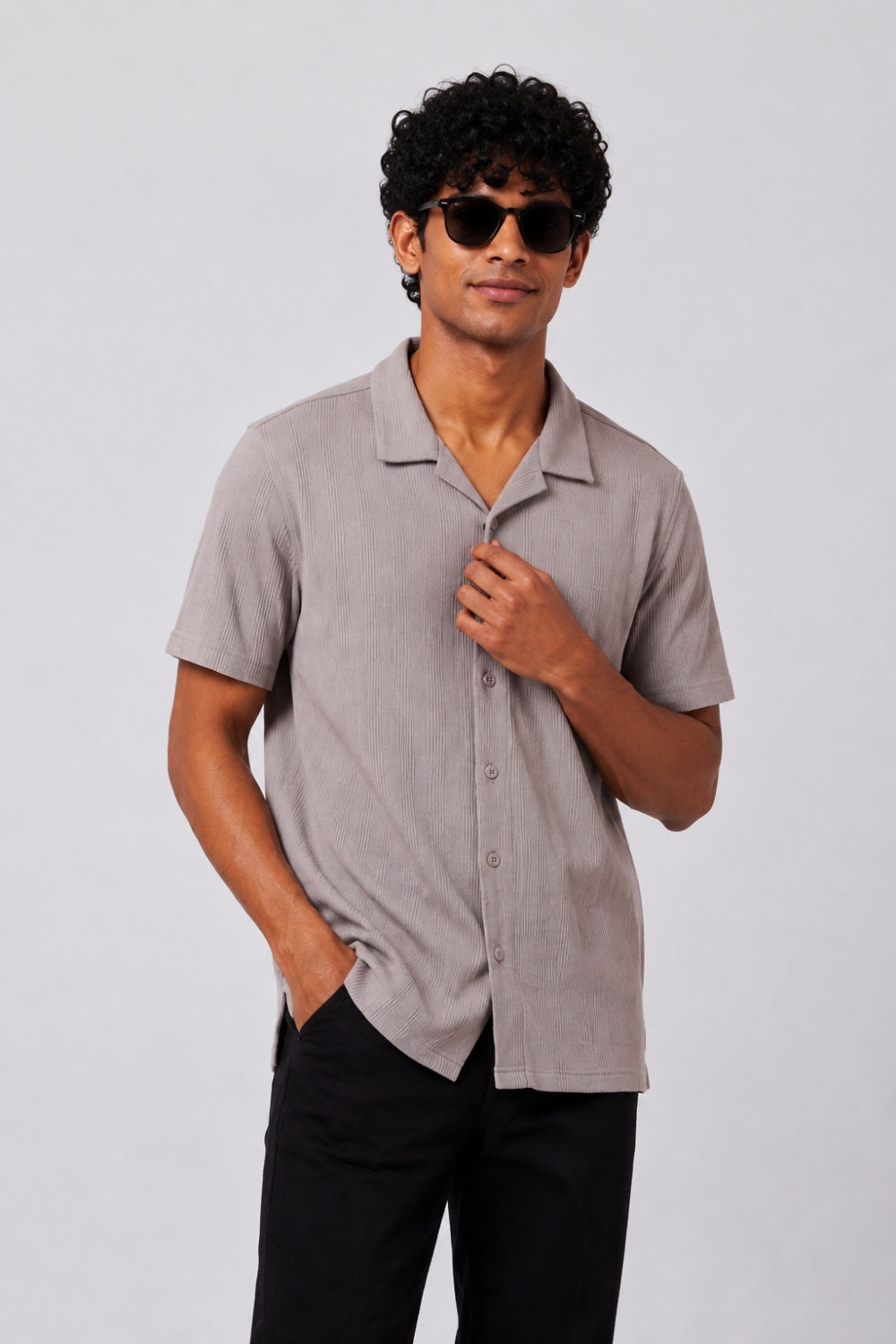 Mens Regular Fit Light Grey Textured Shirt - Image 1