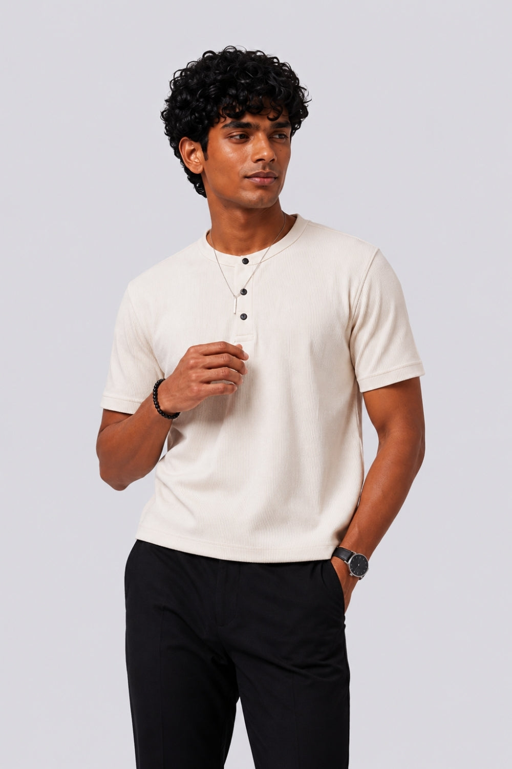 Mens Regular Fit Off White Solid T-Shirt - Image 1