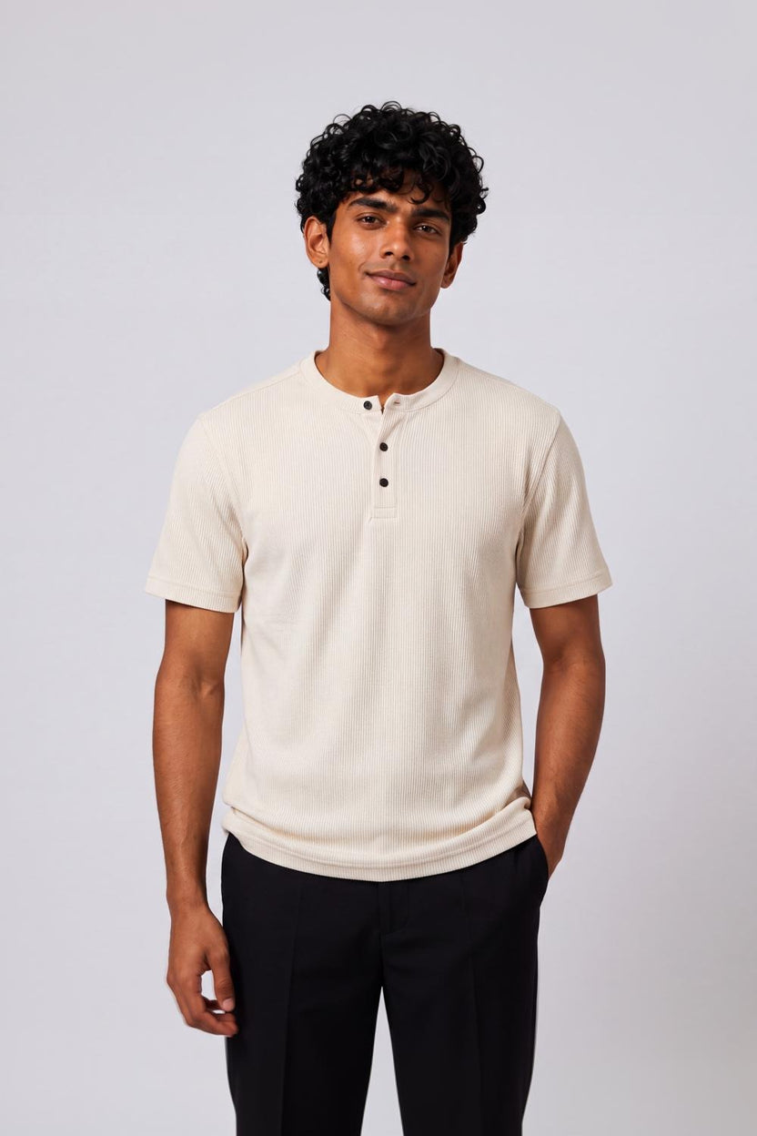 Mens Regular Fit Off White Solid T-Shirt - Image 2