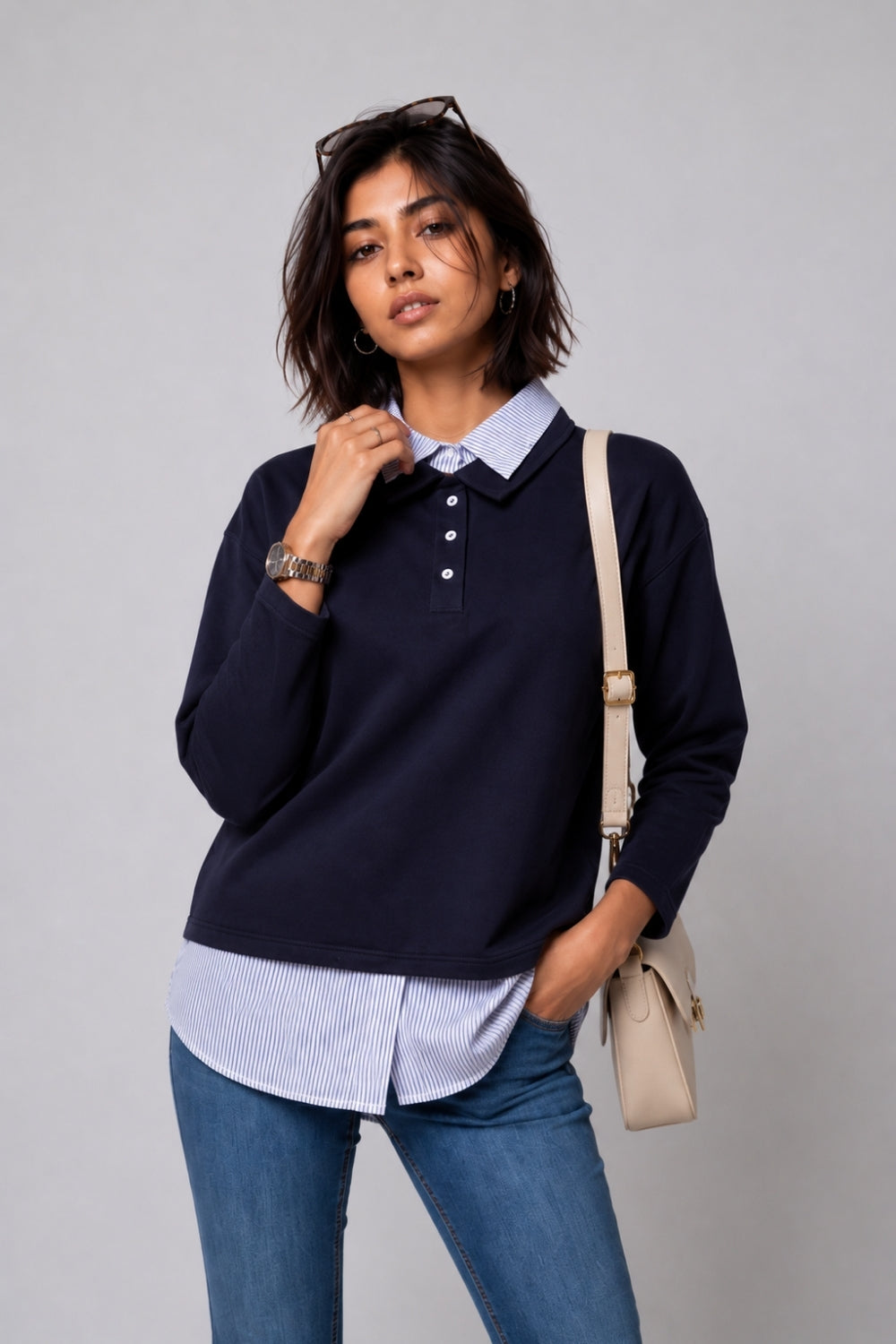Womens Navy Shirt Collar Sweatshirt - Image 1