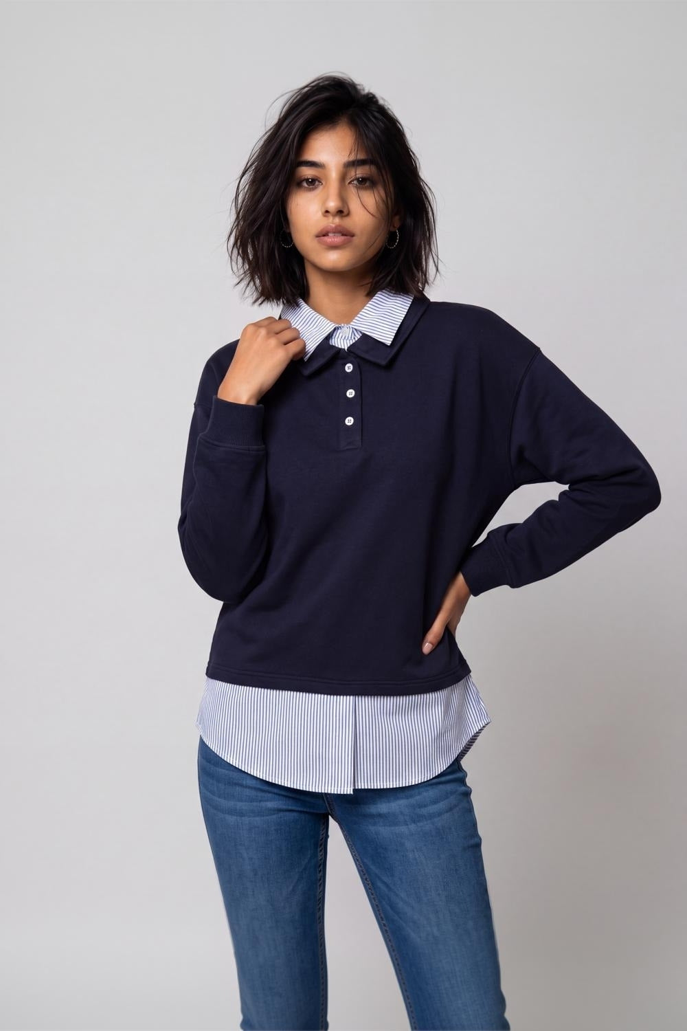 Womens Navy Shirt Collar Sweatshirt - Image 2
