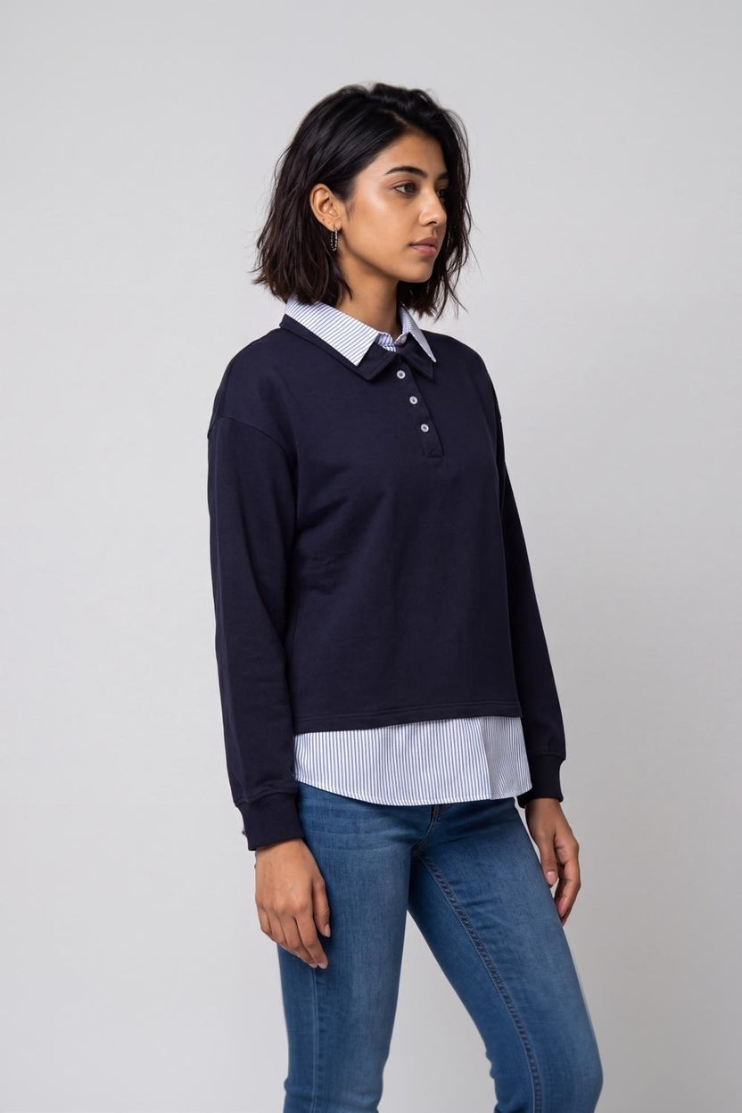 Womens Navy Shirt Collar Sweatshirt - Image 4
