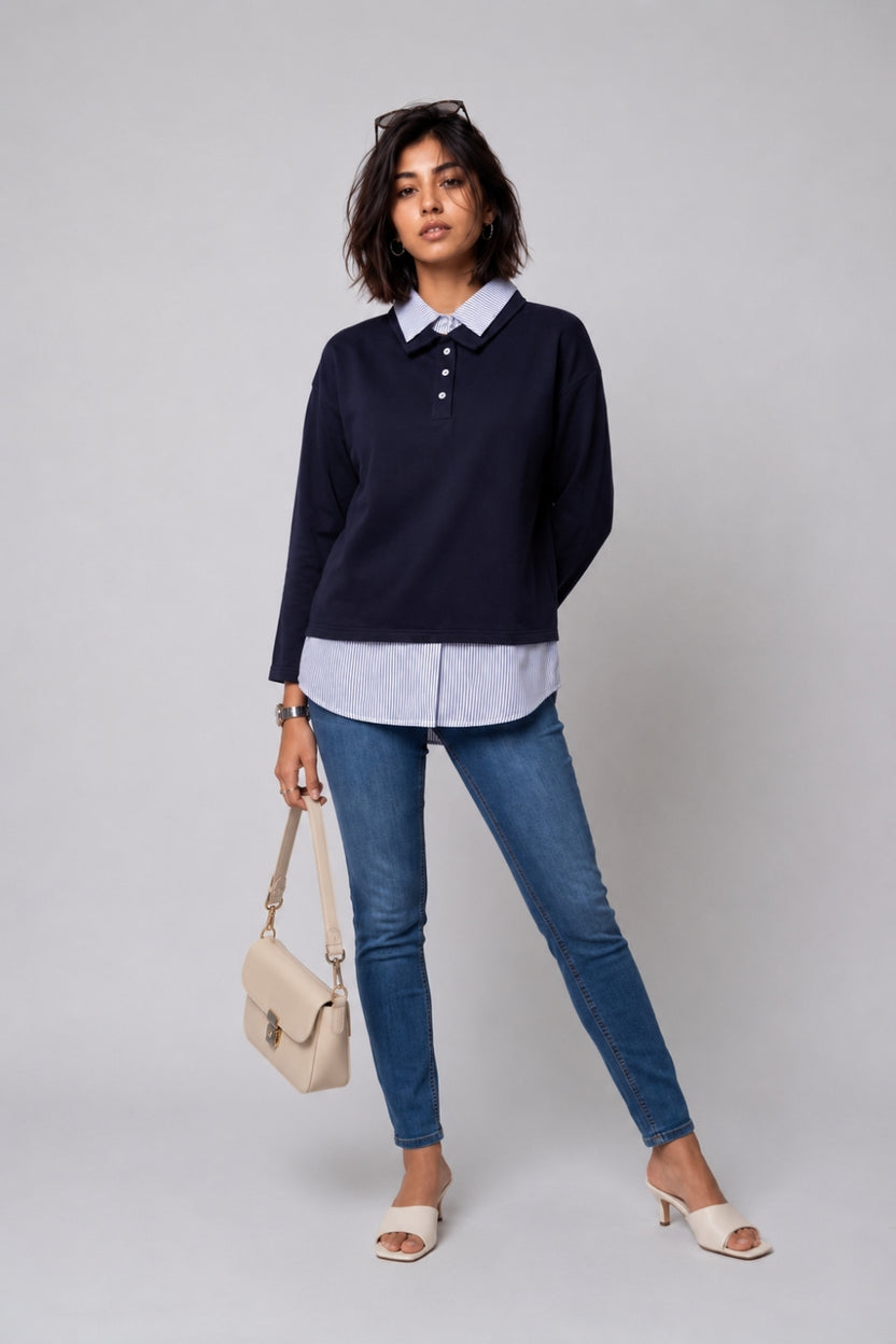 Womens Navy Shirt Collar Sweatshirt - Image 6
