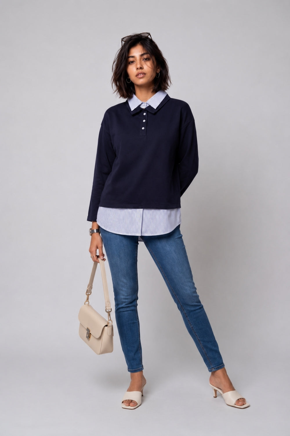 Womens Navy Shirt Collar Sweatshirt - Image 6