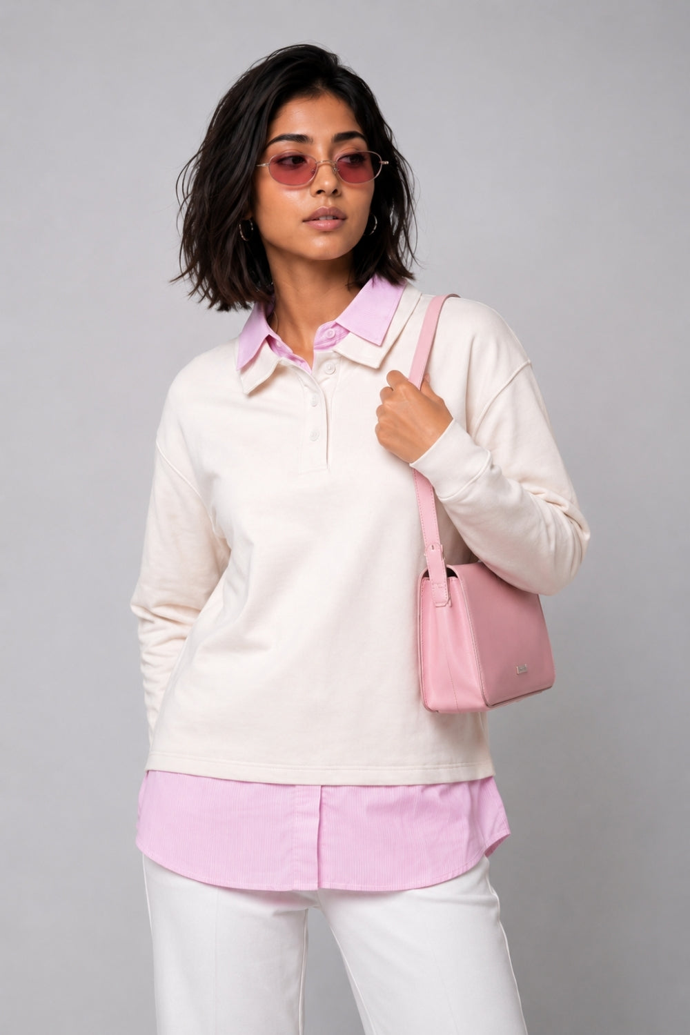 Womens Off White Shirt Collar Sweatshirt - Image 1