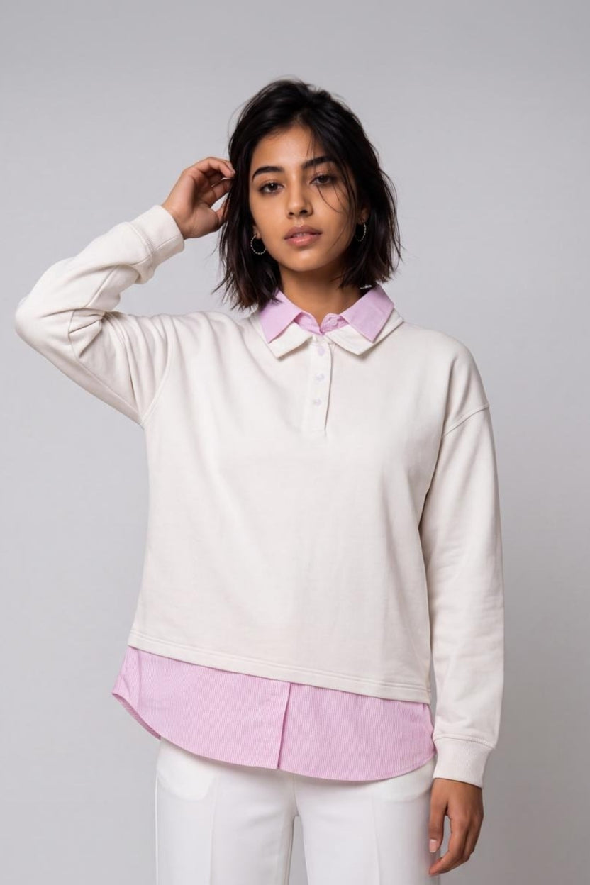 Womens Off White Shirt Collar Sweatshirt - Image 2