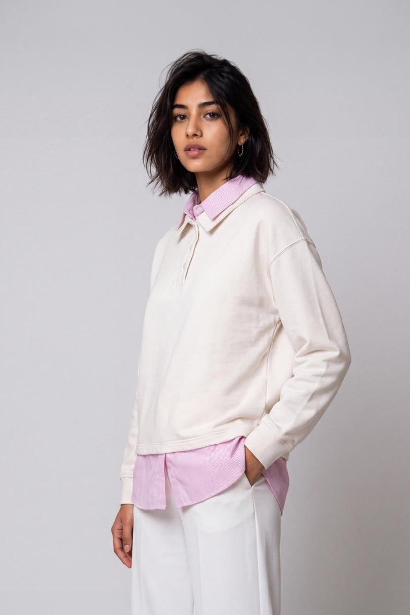 Womens Off White Shirt Collar Sweatshirt - Image 4