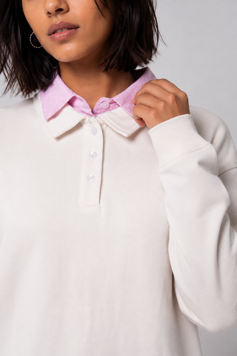 Womens Off White Shirt Collar Sweatshirt - Image 9