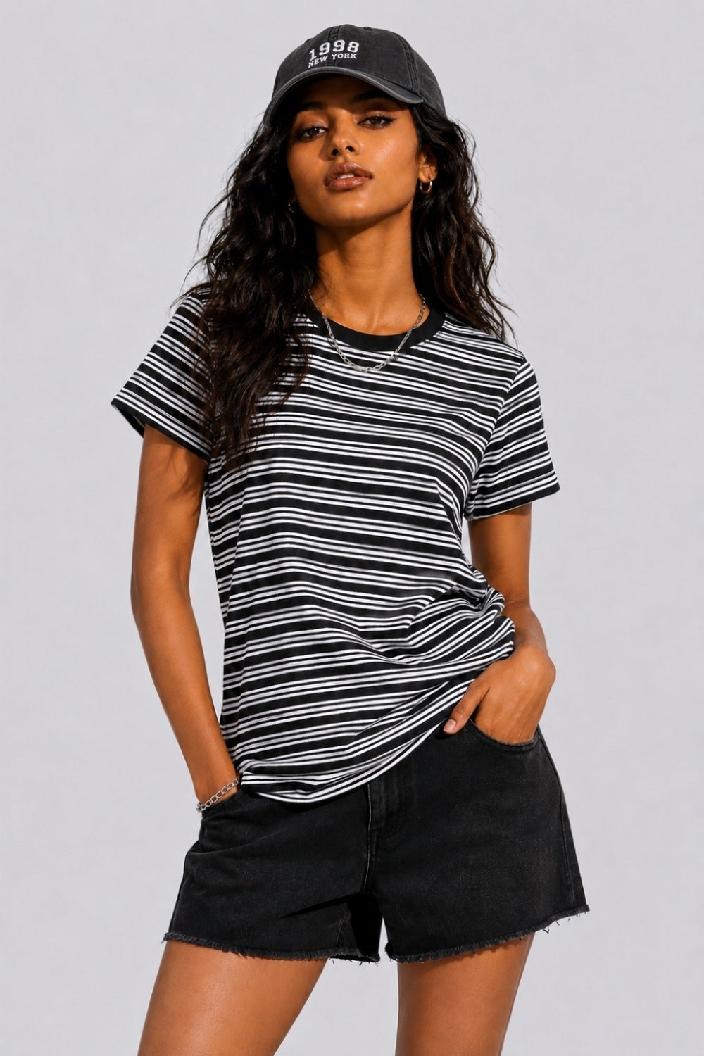 Womens Black Regular Striped T-Shirt - Image 1