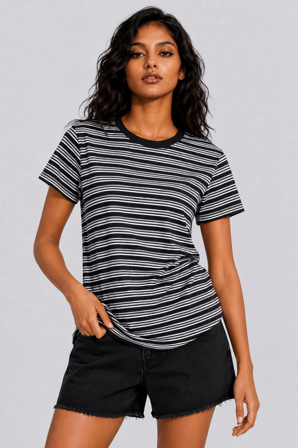 Womens Black Regular Striped T-Shirt - Image 2