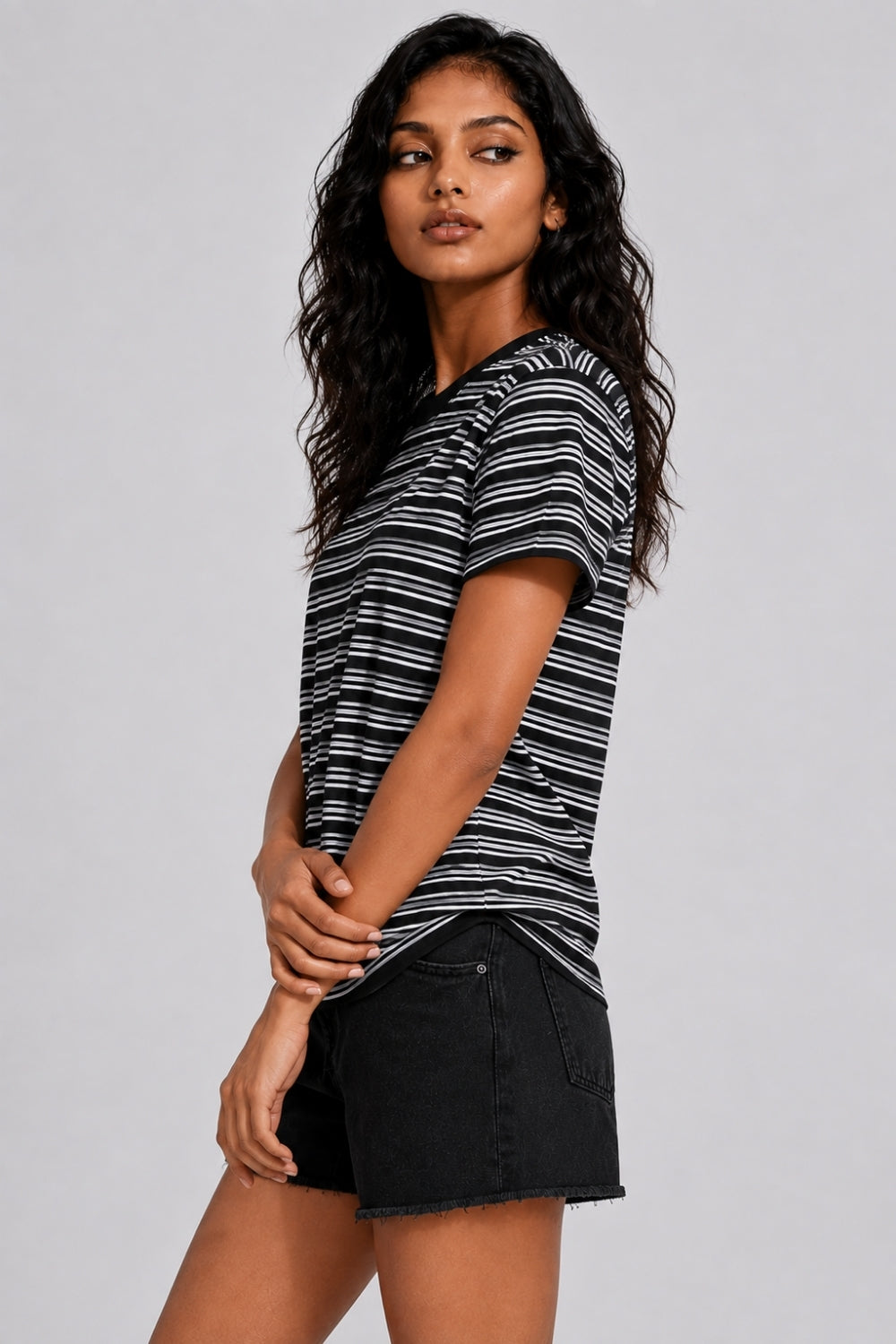 Womens Black Regular Striped T-Shirt - Image 4